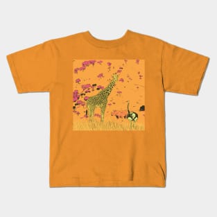 Giraffe, rhinoceros,ostrich in the savannah Kids T-Shirt